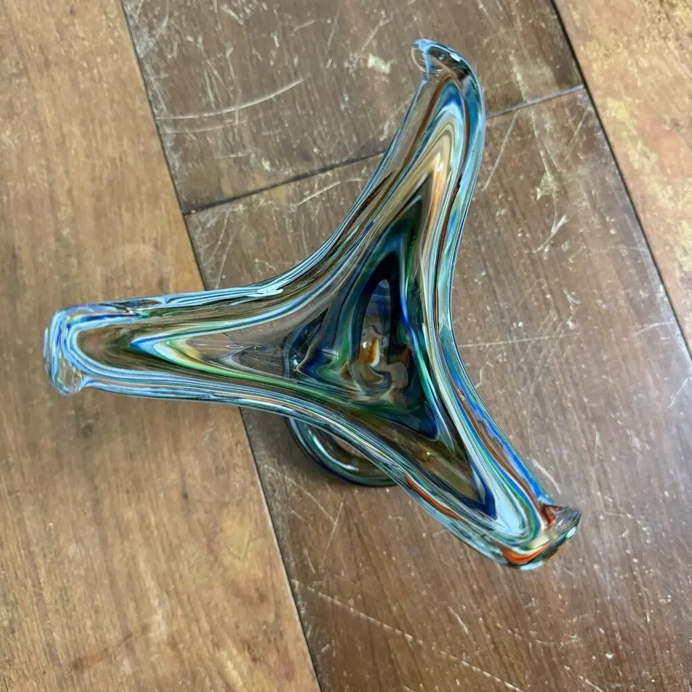 MCM Vintage Blue Green Murano‎ Style Stretched Serpentine Vase Blown Art Glass - Picture 8 of 9